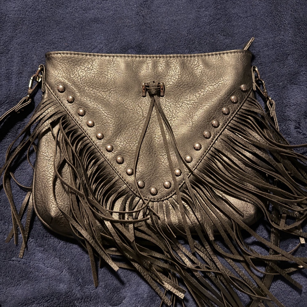 Women’s Black Fringe Crossbody Bag with Stud Details- Western style.